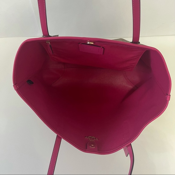 Coach City Tote In Signature Canvas Tan And Bold Pink New With Tag - Picture 9 of 11